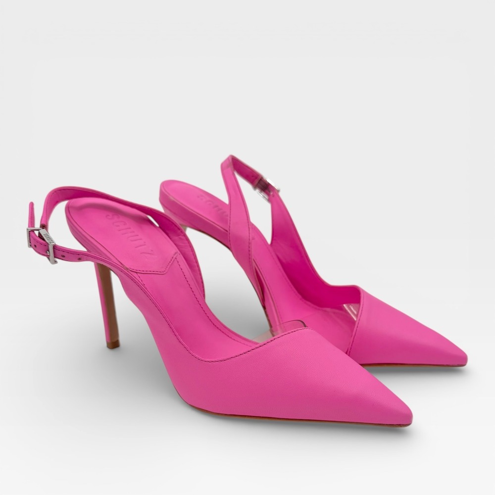 SCHUTZ Emma Pink Leather and Clear Vinyl Pointed-Toe Slingback Pumps Size 6.5